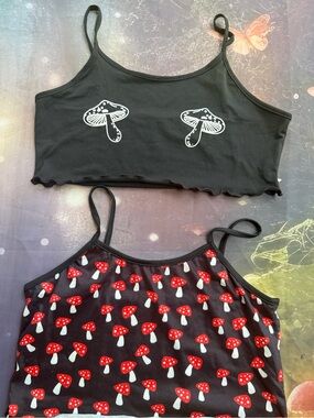 ROMWE Black Crop Tank & Red Mushroom Print Camisole Set